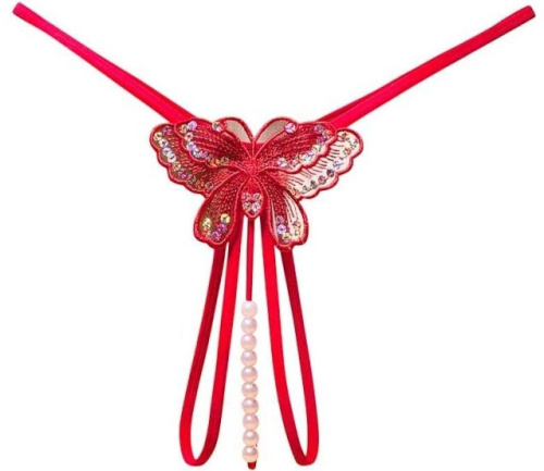 Трусы женские с бусами "Бабочка" с пайетками красные